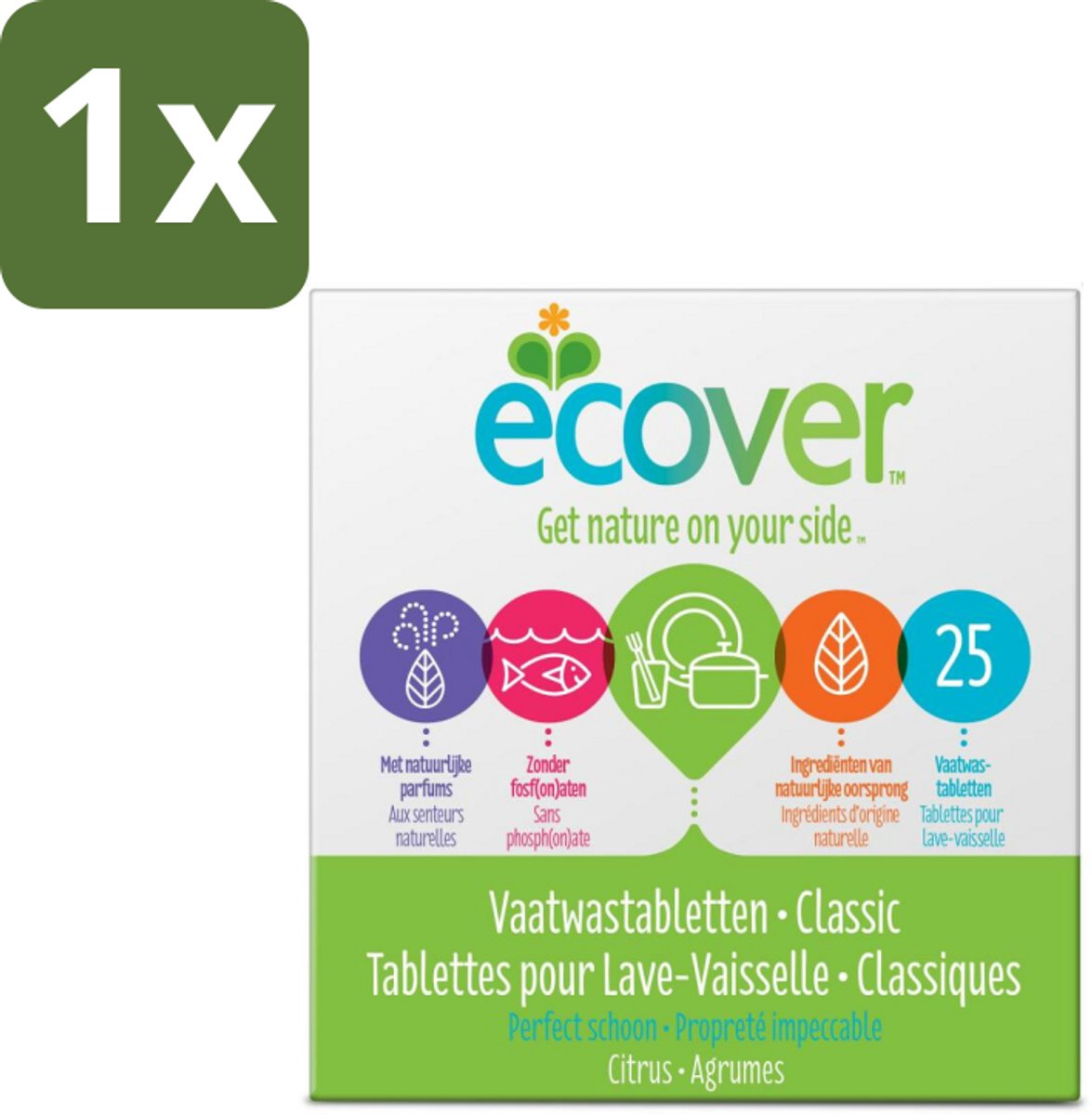 1 x Ecover - Vaatwastabletten Classic - 25 Tabs - Vaatwasmiddel - Vaatwastablet - Plantaardig Schoonmaken - Fosfaatvrij - Biologisch Afbreekbaar