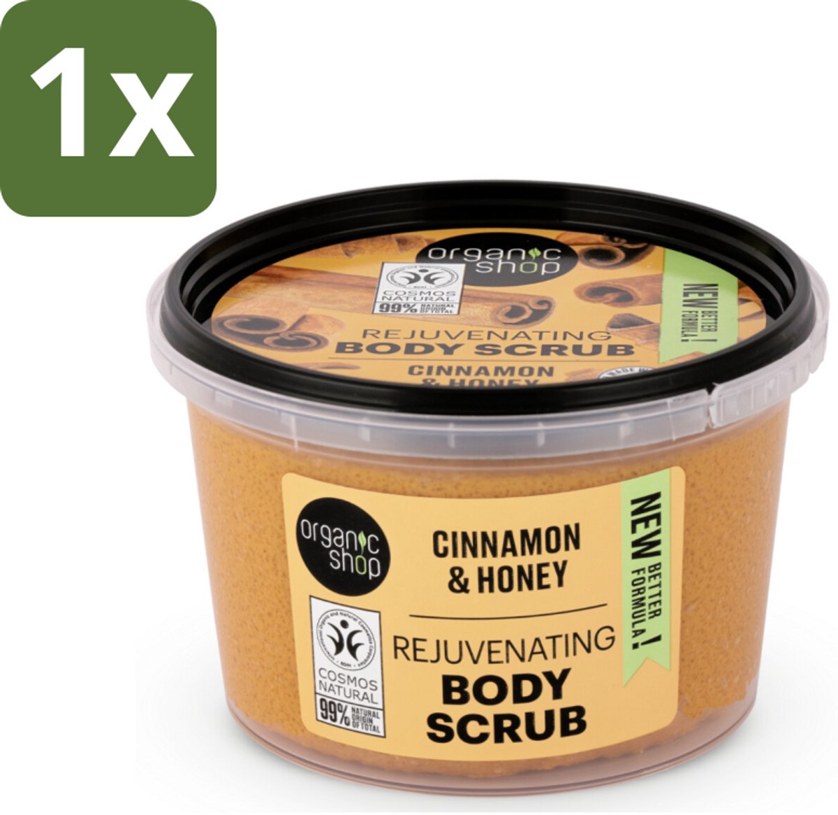 1 x Organic Shop - Rejuvenating Body Scrub Cinnamon - Exfoliërend en Hydraterend - 250 ml - Body Scrub - Exfoliatie - Huidvernieuwing - Kaneel - Honing