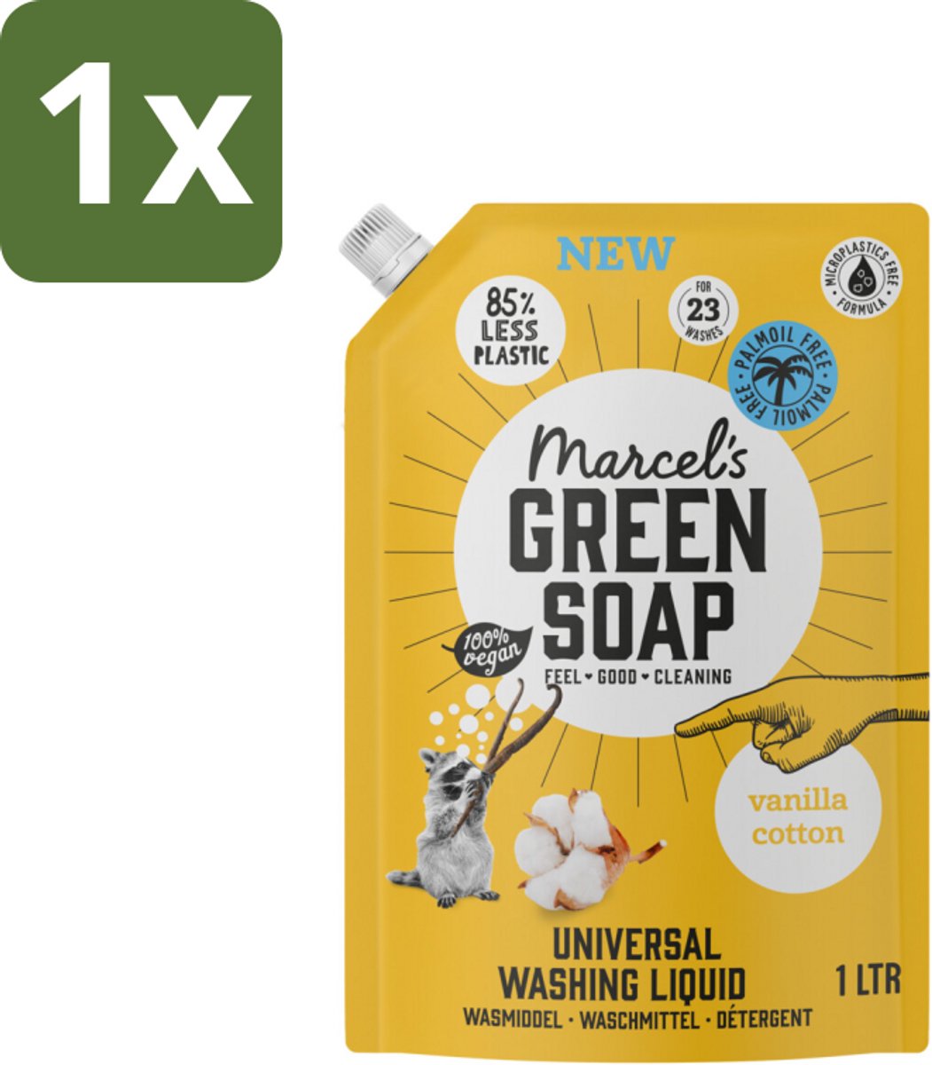 1 x Marcel's Green Soap - Vloeibaar Wasmiddel - Navulling - Vanille & Katoen - Effectief & natuurlijk - 23 Wasbeurten - 1 liter - Wasmiddel - Palmolievrij - Duurzaam Wasmiddel - Natuurlijk Wasmiddel - Milieuvriendelijk Wasmiddel