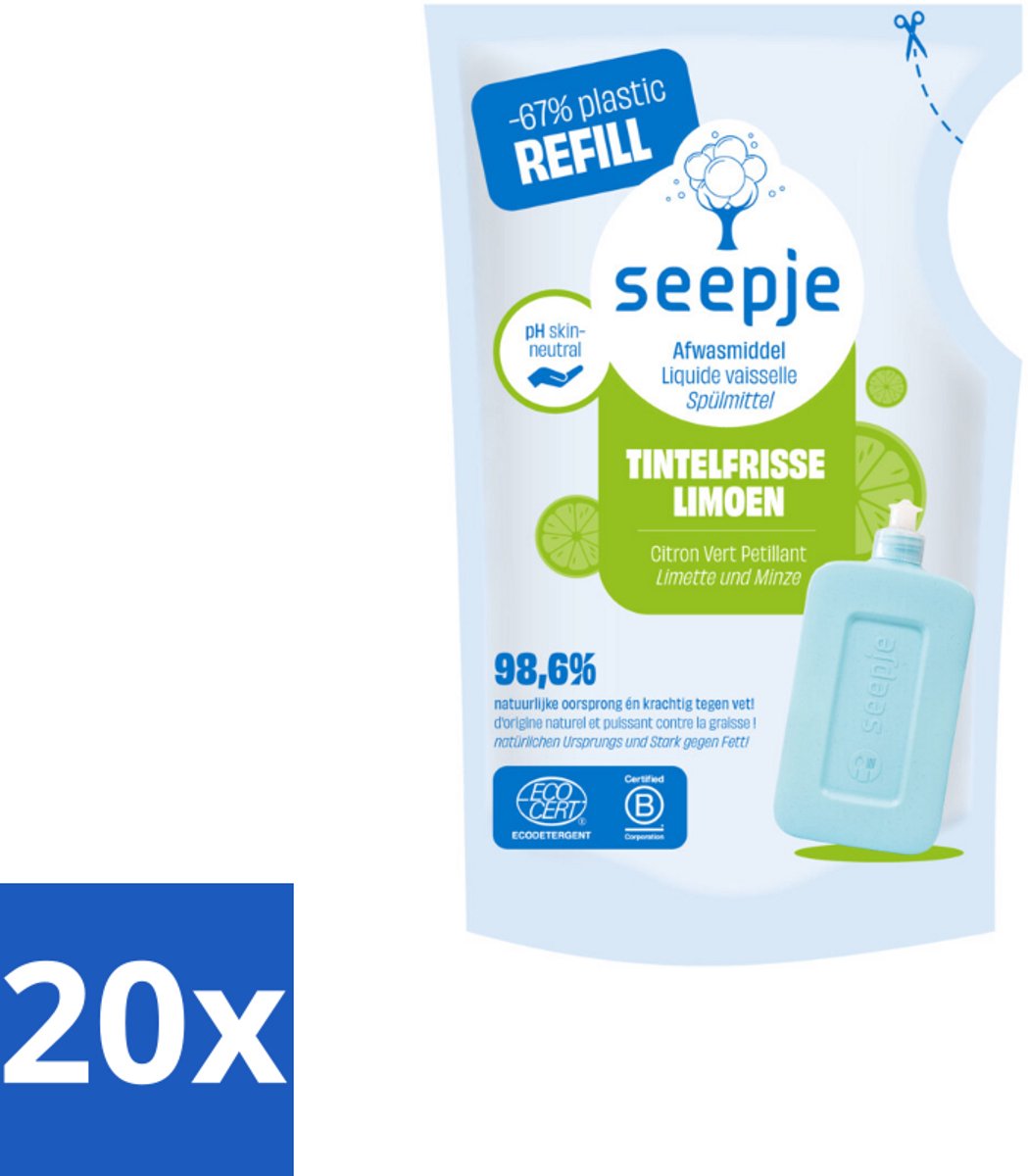 Seepje - Afwasmiddel - Duurzaam & Herbruikbaar - Re-fill - Tintelfrisse Limoen Geur - 500 ml - Bulkverpakking - 20 stuks