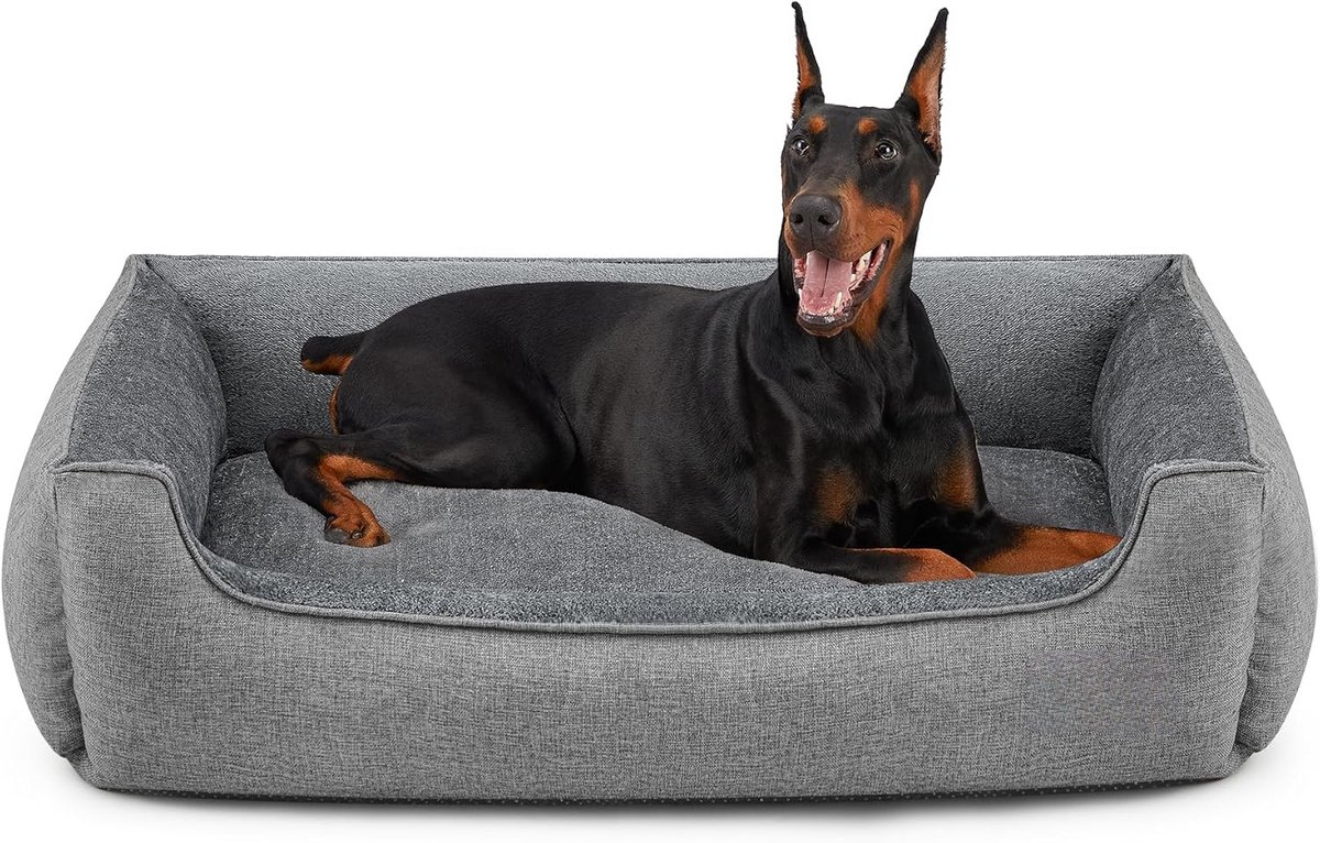 Hondenbed XXL - Hondenmand met Verhoogde Randen - Linnenlook - Lichtgrijs - 120x90x30 cm - Antislip & Wasbaar