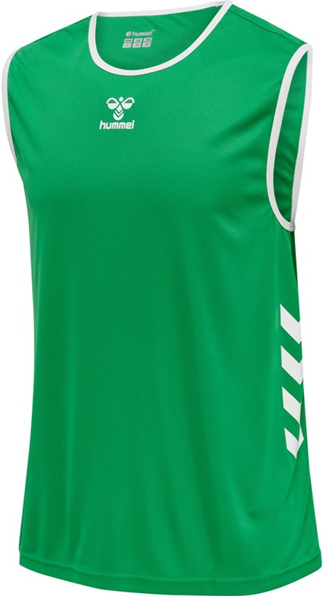 Groene mouwloze sporttop met witte bies en witte chevrons op de zijkant. Hummel-logo op de borst.