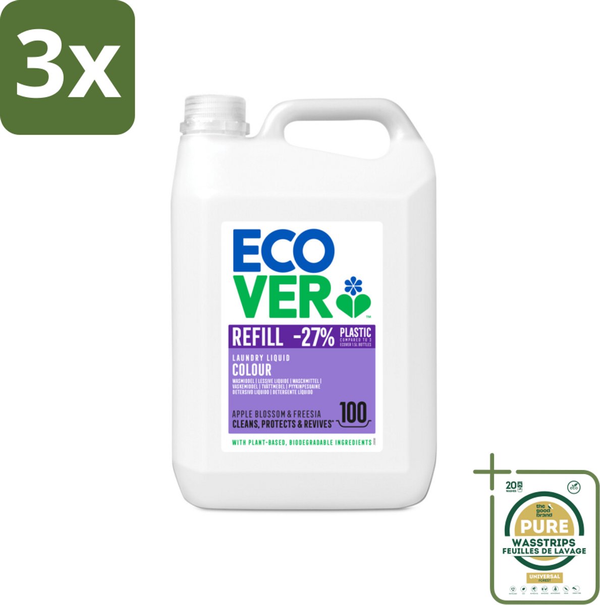 3 x Ecover - Vloeibaar wasmiddel - Color - Appelbloesem & Freesia - 5 liter - 100 wasbeurten - Grootverpakking - Ecover Vloeibaar Wasmiddel Color - Gekleurde Was - Vlekverwijdering - Kleurbeschermd - Plantaardig Wasmiddel