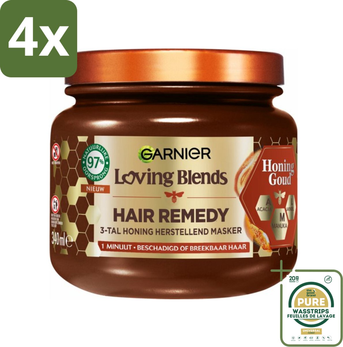 Garnier - Loving Blends Honing Goud - Hair Remedy Haarmasker - Beschadigd & Breekbaar Haar - 340 ml - Voordeelverpakking - 4 stuks - Haarbreuk - Gespleten punten
