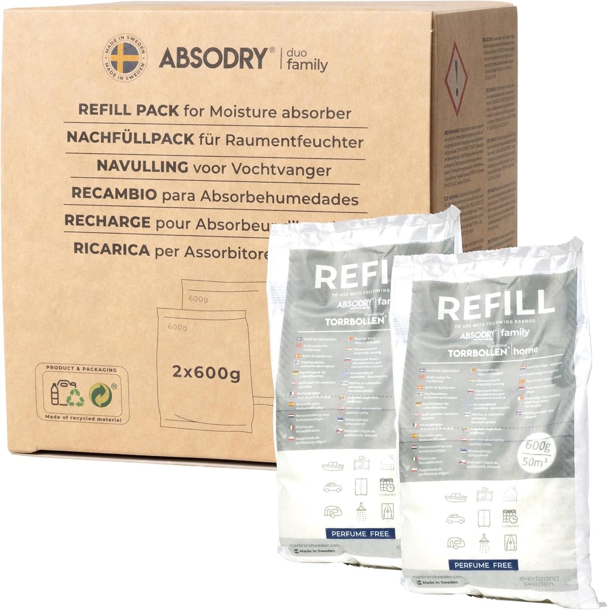 AbsoDry Dehumidifier Refill Pack 2 x 600 g, Compatible with AbsoDry, Prevents Odor and Binds Moisture, Desiccant Bag - ShopVlot