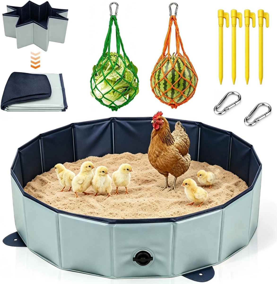 80 cm, folding pool for chickens, small pool for dogs, 2 chickens, feeding net - ShopVlot