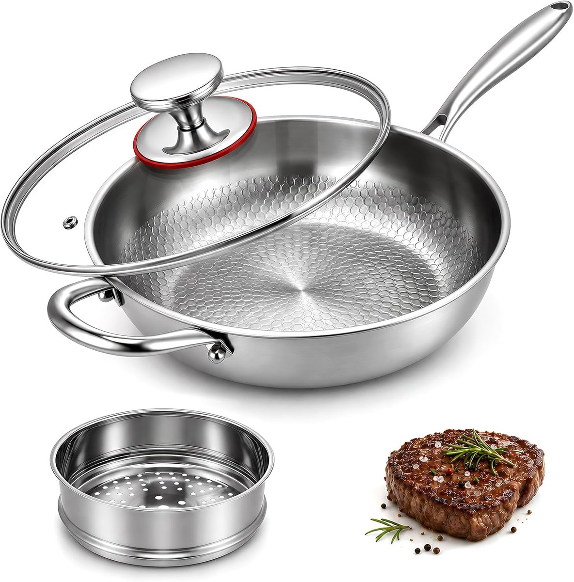 Titanium pan, titanium pan met deksel en stoomkoker, anti-aanbaklaag, gehamerde wok titanium pan nutrition om te - ShopVlot