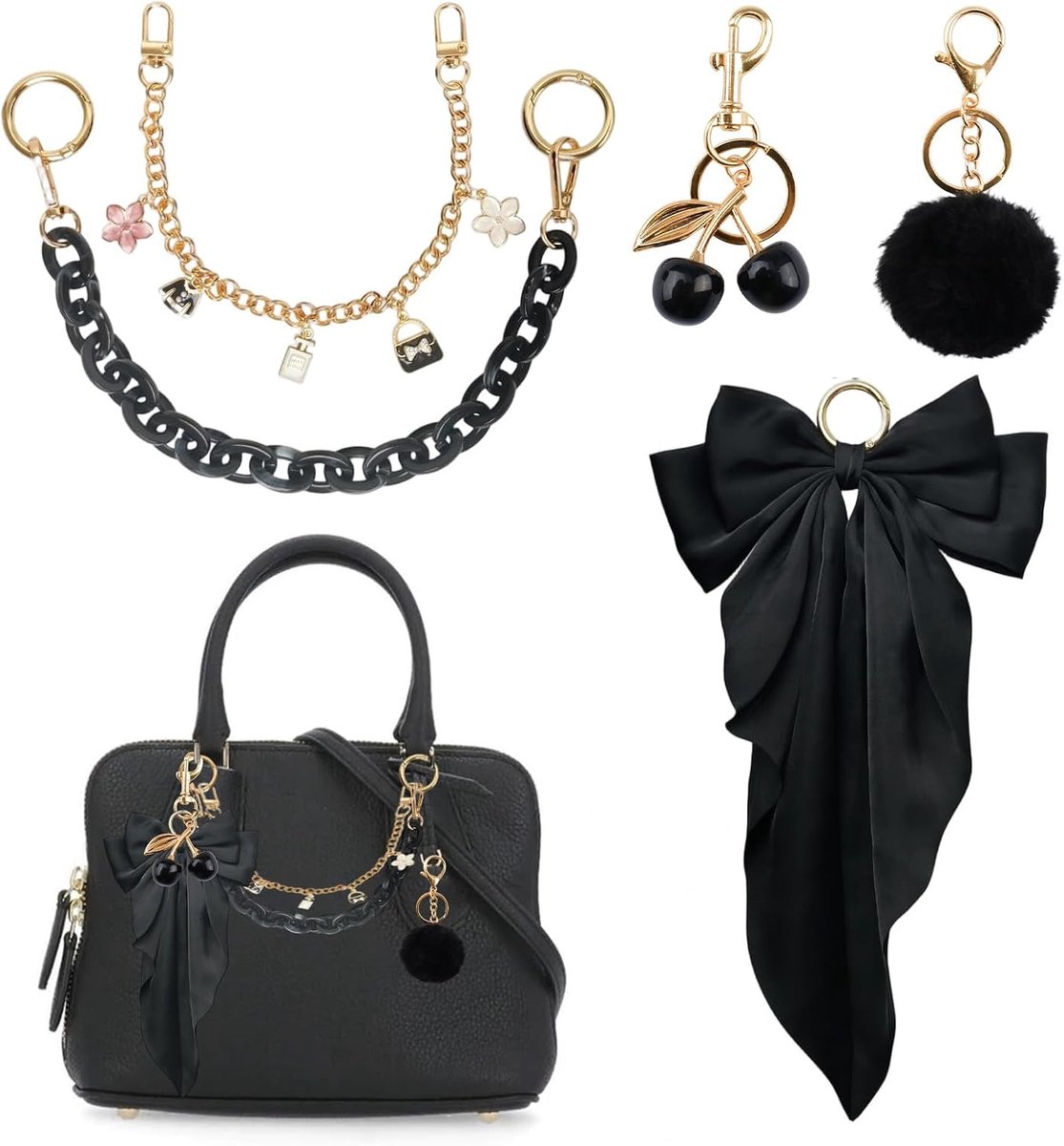 Tote Bag Decor Kit, 1 Set Black Bow Decorative Gold Chain Charms Pom Cherry Keychain Bags Accessories for Girls Women - ShopVlot