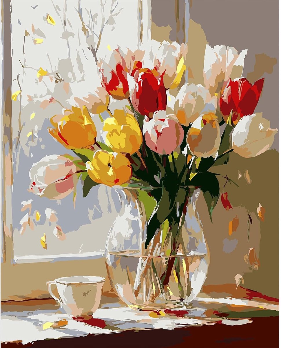 QENSPE Tulpen, schilderen op nummer, voor volwassenen, 40 x 50 cm, schilderen op nummer, raam, planten - ShopVlot