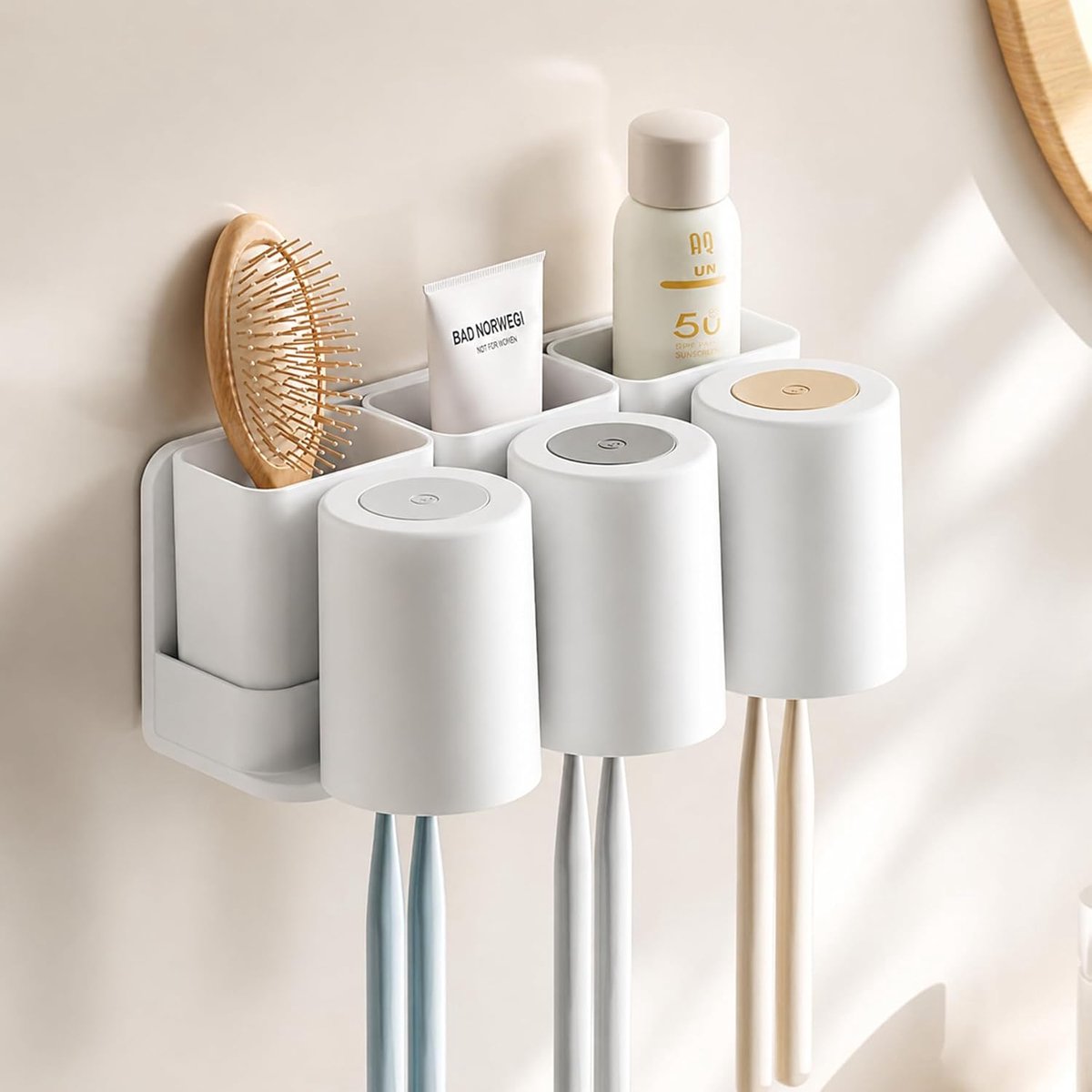 Toothbrush Holder Bathroom Wall Self-Adhesive, Toothbrush Holder Without Drilling with 3 Cups and 3 Storage - ShopVlot