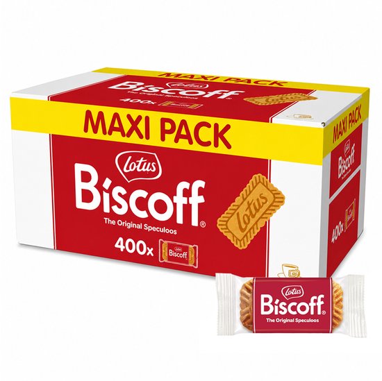 Maxi pack Lotus Biscoff koekjes, 400 stuks in doos met rode en gele opdruk.