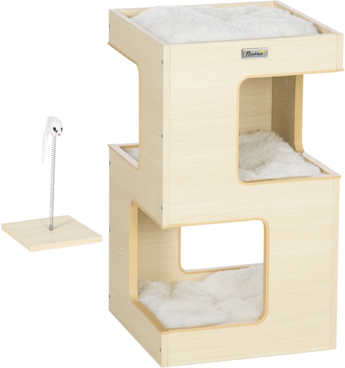 Kattenmand/kattenhol - 2 verdiepingen - incl. speelgoed - 34 cm x 34 cm x 60 cm - naturel + lichtgrijs