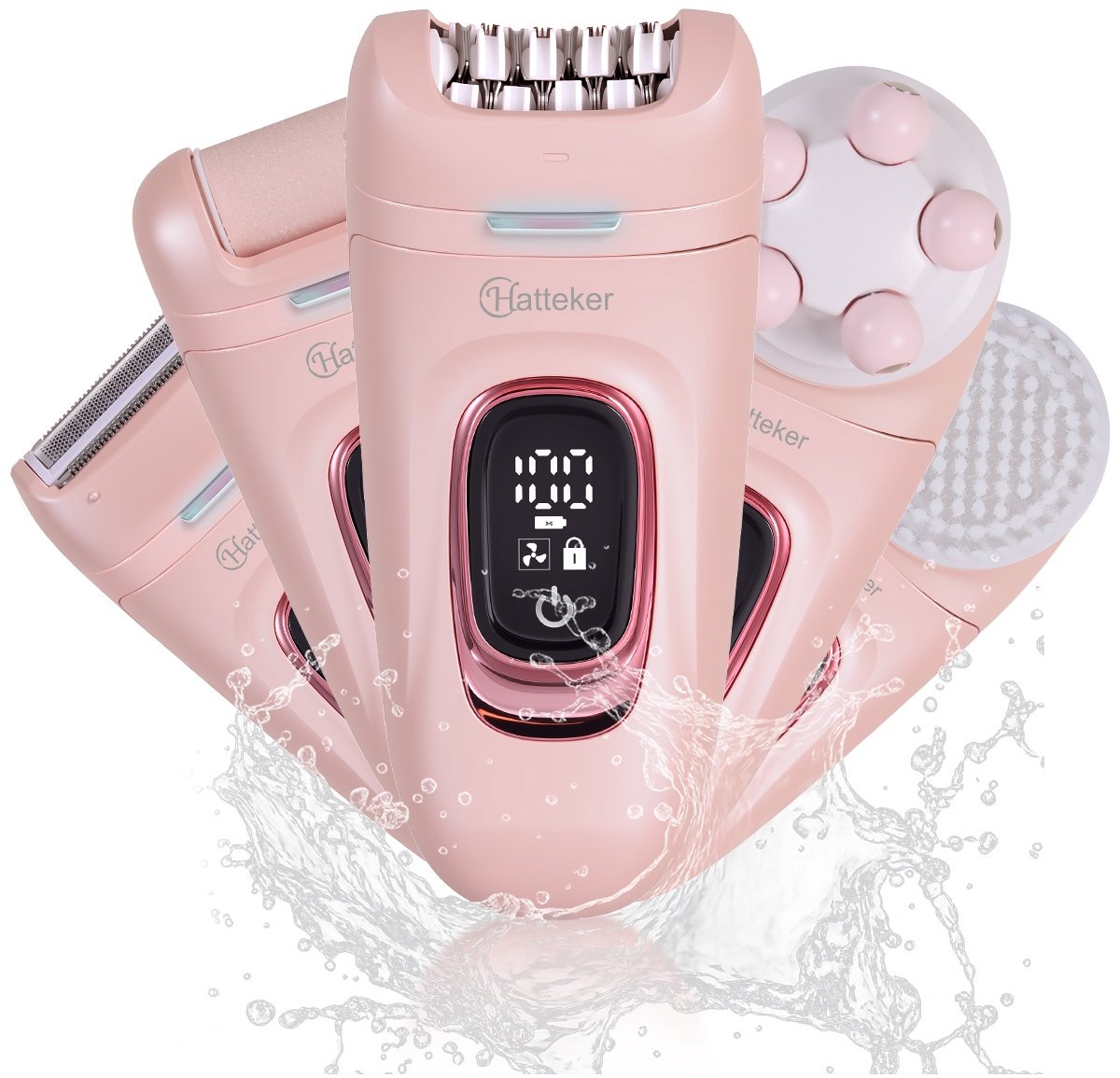 HATTEKER 5-in-1 Ladyshave - Dames Epilator - Scheerapparaat - Eeltverwijderaar - Massageopzetstuk - Gezichtsreinigingsborstel - Roze