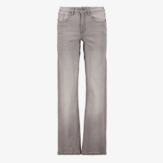 Grijze jeans met rechte pijpen, een wassing en knopen aan de voorkant.