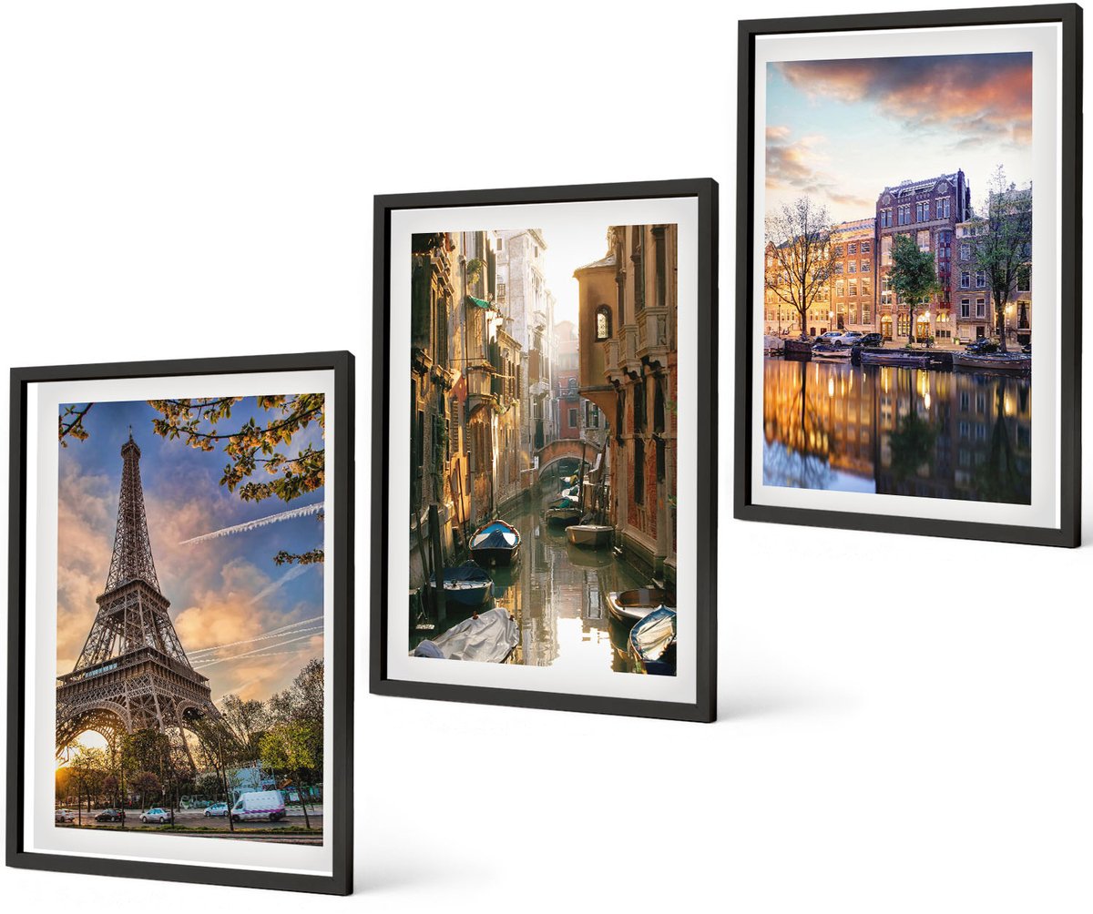 Coloray 3-Delige Schilderij Set - De Eiffeltoren, De Grachten Van Venetië En De Straten Van Amsterdam. - 40 x 60 cm - Muurdecoratie - Decoratieve Schilderijen - Wohnzimmer - Moderne Wanddecoratie