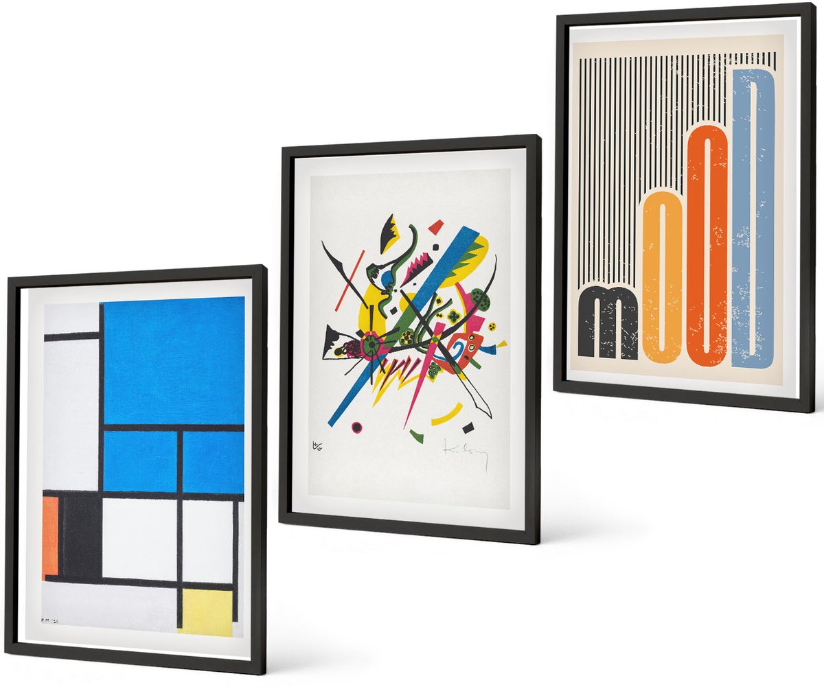 Coloray 3-Delige Schilderij Set - Abstracte Moderne Composities Met Geometrische Vormen - 40 x 60 cm - Muurdecoratie - Wanddecoratie - Hal - Woonkamer Decoratie