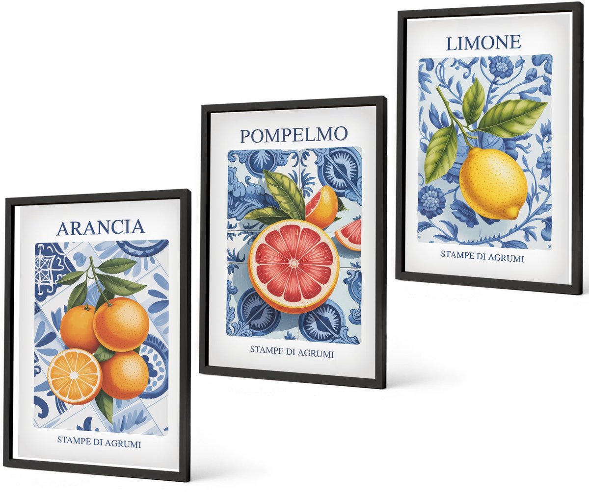 Coloray 3-Delige Schilderij Set - Vintage Illustraties Van Citrusvruchten - 40 x 60 cm - Muurdecoratie - Decoratieve Schilderijen - Wohnzimmer