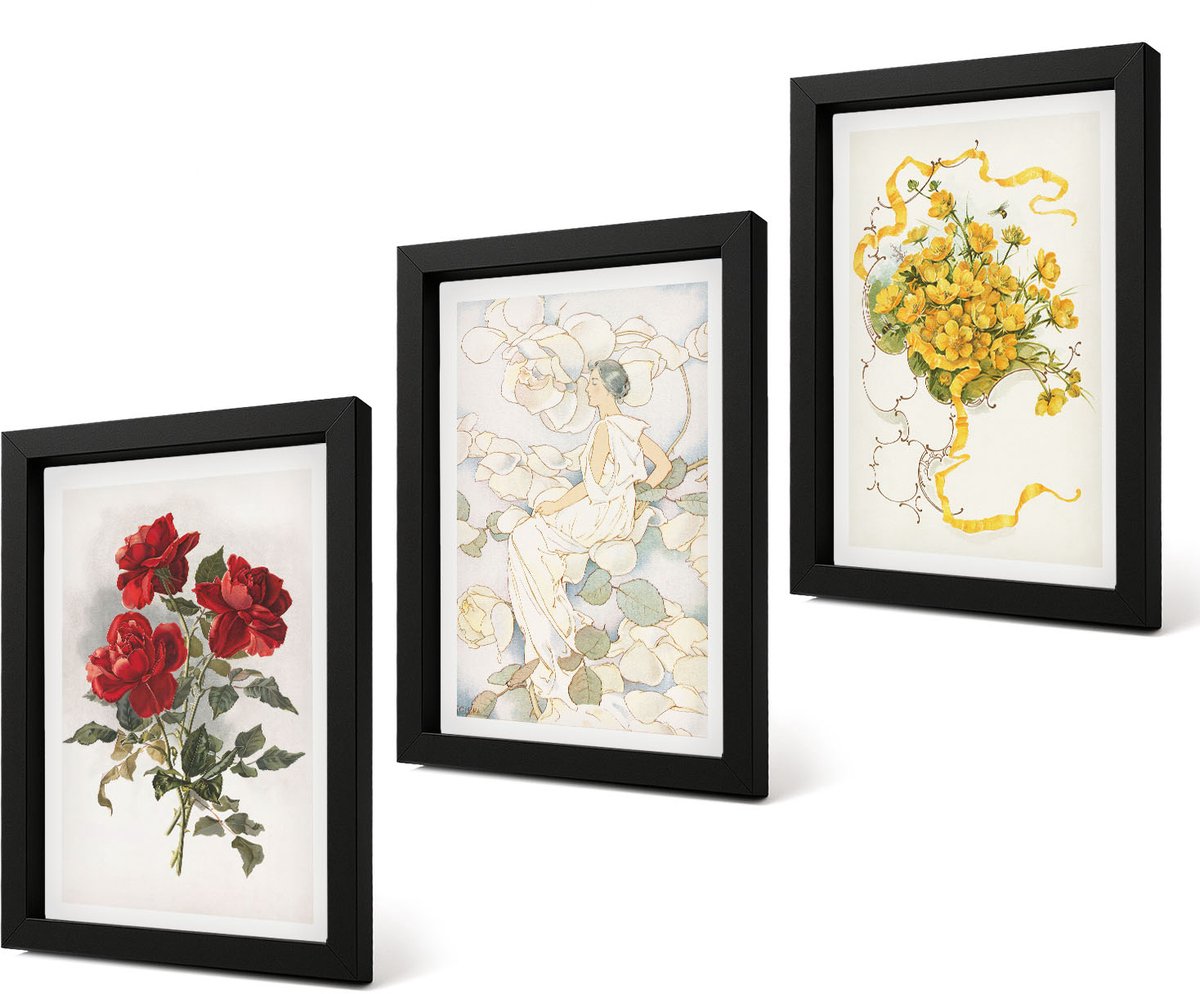 Coloray 4-Delige Schilderij Set - Rode rozen in een witte vaas met gele bloemen. - 20 x 30 cm - Wanddecoratie - Schilderijen Set - Kantoor - Decoratieve Schilderijen