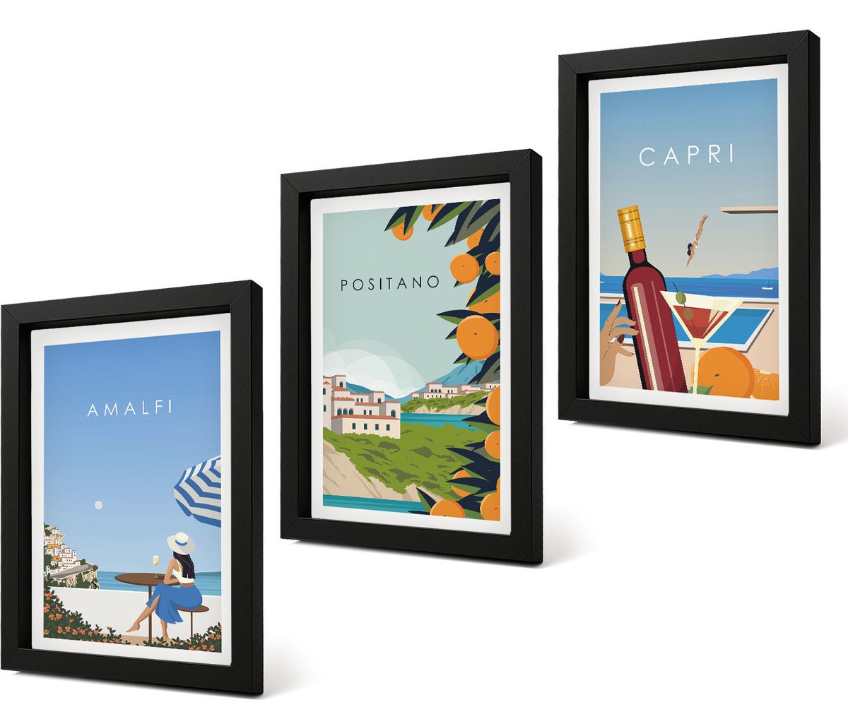Coloray 4-Delige Schilderij Set - Vakantiegezichten Amalfi Positano en Capri - 20 x 30 cm - Wanddecoratie - Moderne Interieurdecoratie