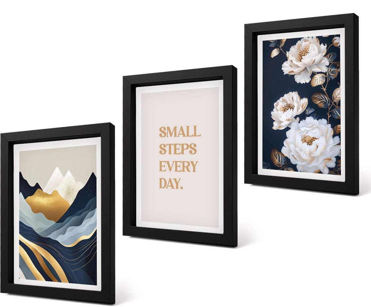 Coloray 4-Delige Schilderij Set - Abstracte bergen, bloemen en inspirerende letters - 20 x 30 cm - Muurdecoratie - Decoratieve Schilderijen - Wohnzimmer - Interieur Decoratie