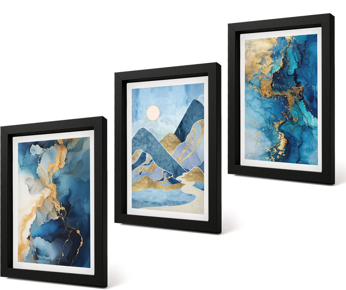 Coloray 4-Delige Schilderij Set - Blauwe bergen met abstracte patroonelementen - 20 x 30 cm - Wanddecoratie - Schilderijen Set - Kantoor - Interieur Decoratie