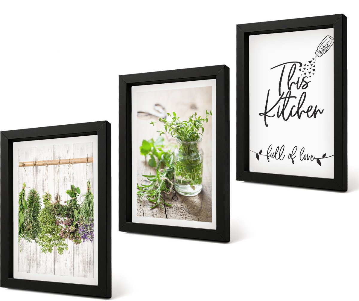 Coloray 4-Delige Schilderij Set - Keukenmotief Inscriptie Gedroogde kruiden - 20 x 30 cm - Stijlvolle Muurdecoratie - Slaapkamer - Moderne Wanddecoratie