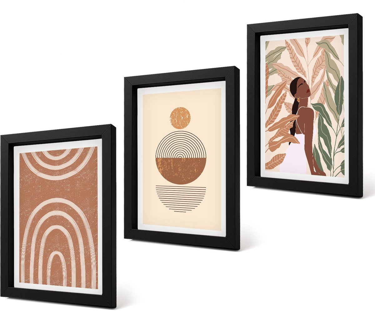 Coloray 4-Delige Schilderij Set - Stijlvolle patronen met plantmotieven en geometrische vormen. - 20 x 30 cm - Muurdecoratie - Decoratieve Schilderijen - Wohnzimmer - Stijlvolle Muurdecoratie