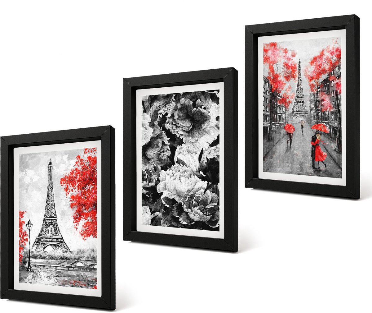 Coloray 4-Delige Schilderij Set - Eiffeltoren in grijs met rode accenten - 20 x 30 cm - Muurdecoratie - Interieur Decoratie - Moderne Wanddecoratie