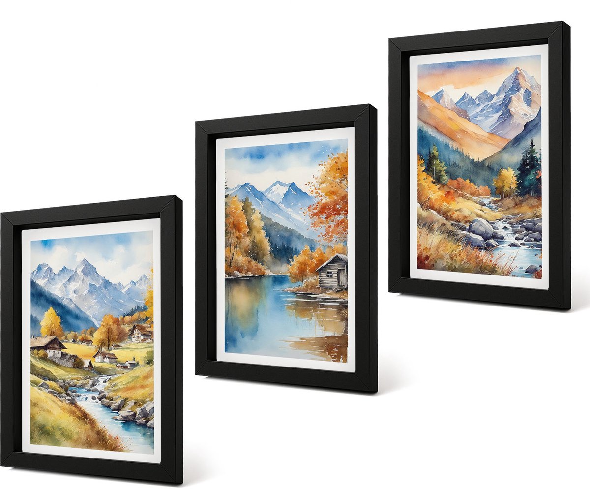 Coloray 4-Delige Schilderij Set - Geschilderde herfstbergen met een rivier en huisjes - 20 x 30 cm - Decoratieve Schilderijen - Woonkamer - Interieur - Wanddecoratie