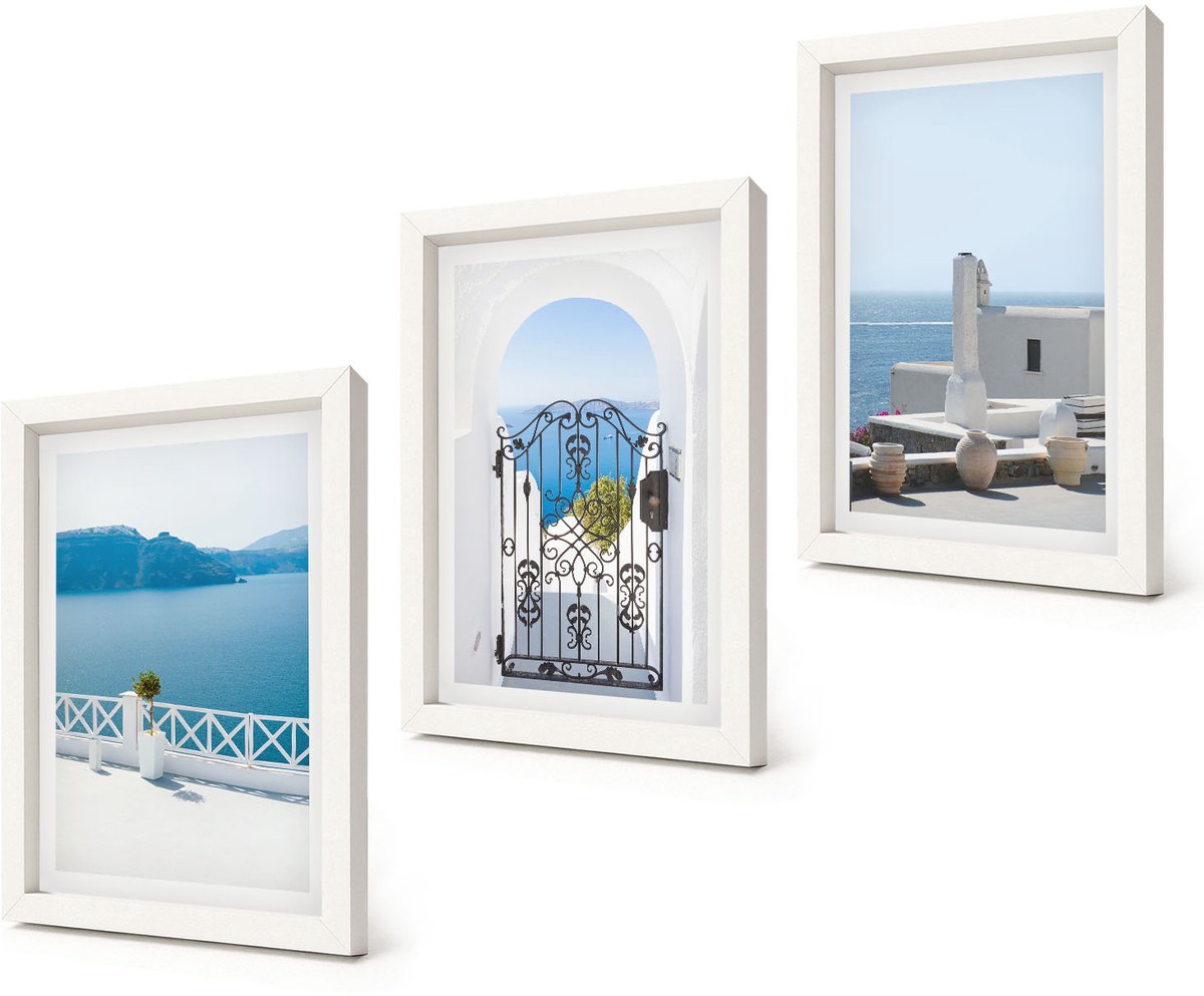 Coloray 3-Delige Schilderij Set - Zeezicht met witte gebouwen in Griekenland - 20x30 - Decoratieve Schilderijen - Wanddecoratie - Hal - Woonkamer Decoratie