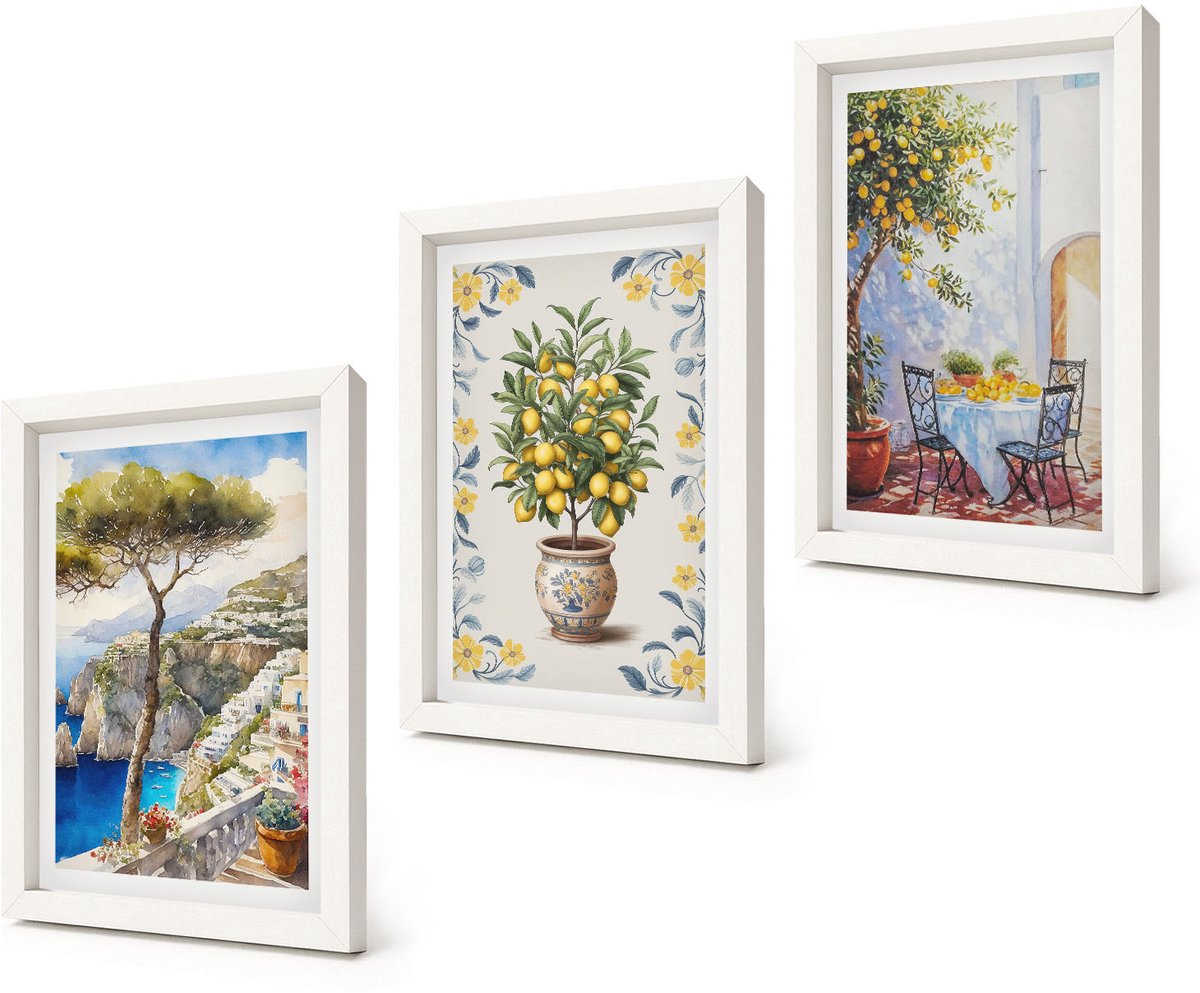 Coloray 3-Delige Schilderij Set - Zeegezicht met citroenbomen - Italiaanse schilderijen - 20x30 - Wanddecoratie - Muurdecoratie - Woonkamer - Moderne Wanddecoratie