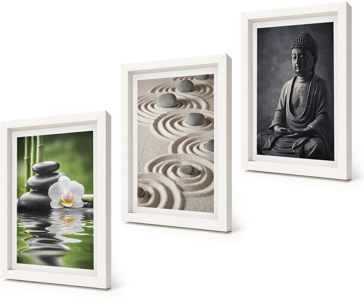 Coloray 3-Delige Schilderij Set - Ontspannend uitzicht op Boeddha, strandstenen en bamboe. - 20x30 - Wanddecoratie - Schilderijen Set - Interieur - Decoratieve Schilderijen