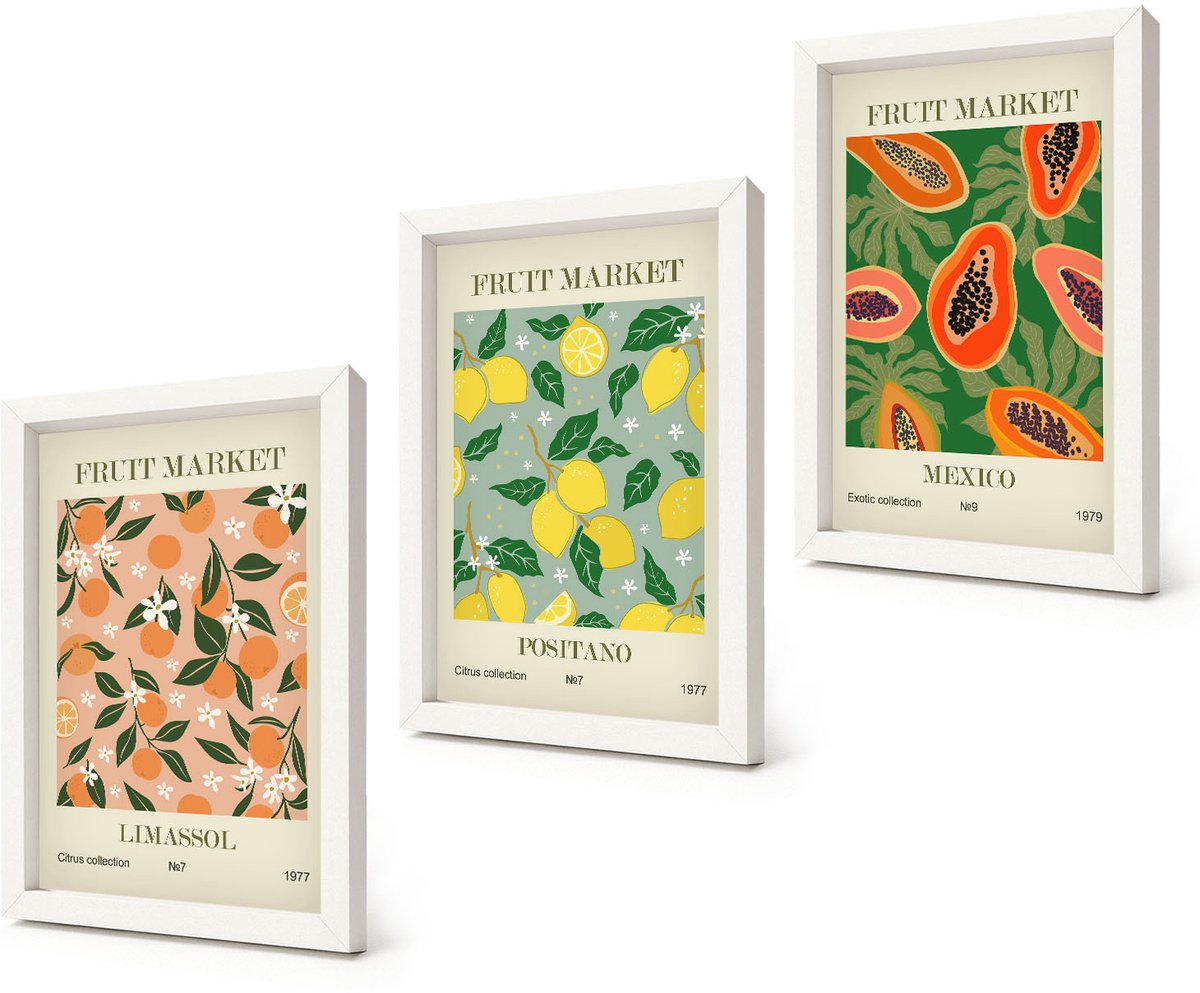 Coloray 3-Delige Schilderij Set - Citrus- en tropische vruchten in retrostijl - 20x30 - Moderne Wanddecoratie - Slaapkamer - Muurdecoratie