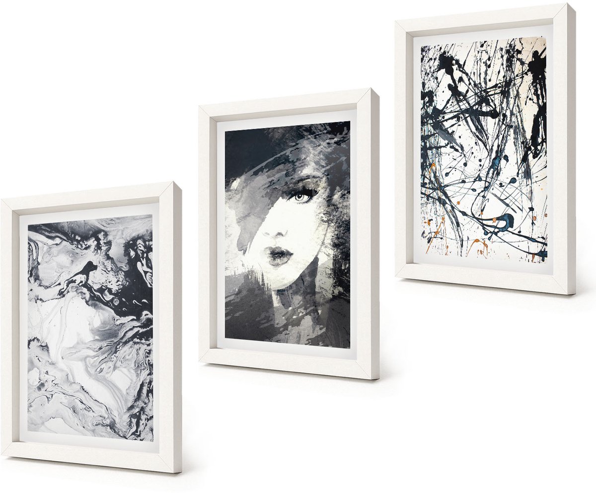 Coloray 3-Delige Schilderij Set - Abstracte patronen in zwart-wit tinten - 20x30 - Wanddecoratie - Muurdecoratie - Woonkamer - Interieur Decoratie