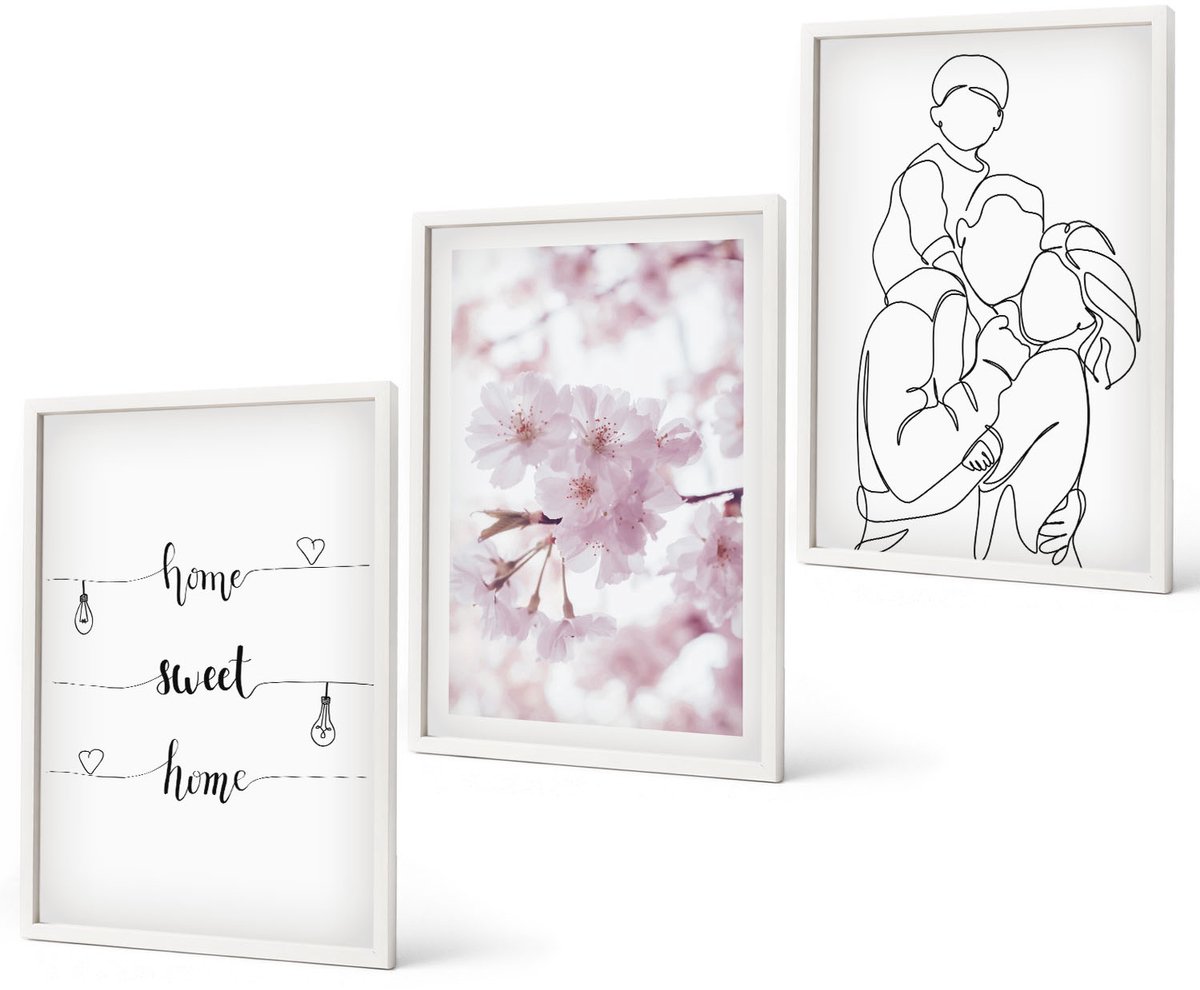 Coloray 3-Delige Schilderij Set - Bloemen En Familie In Minimalistisch Design. - 40 x 60 - Stijlvolle Muurdecoratie - Slaapkamer