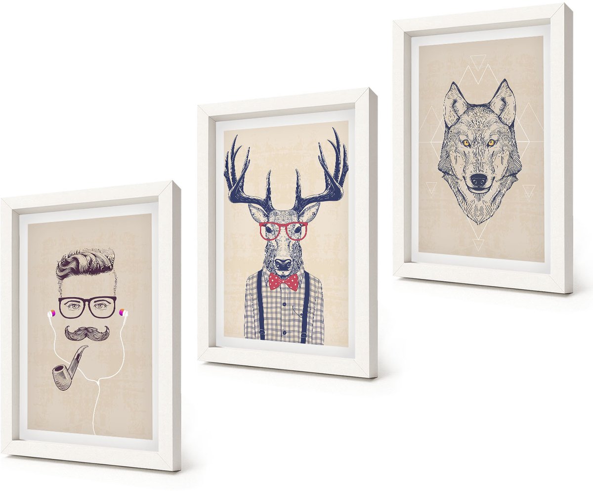 Coloray 3-Delige Schilderij Set - Stijlvolle portretten van dieren en mannen - 20x30 - Schilderijen Set - Wanddecoratie - Woonkamer - Stijlvolle Muurdecoratie