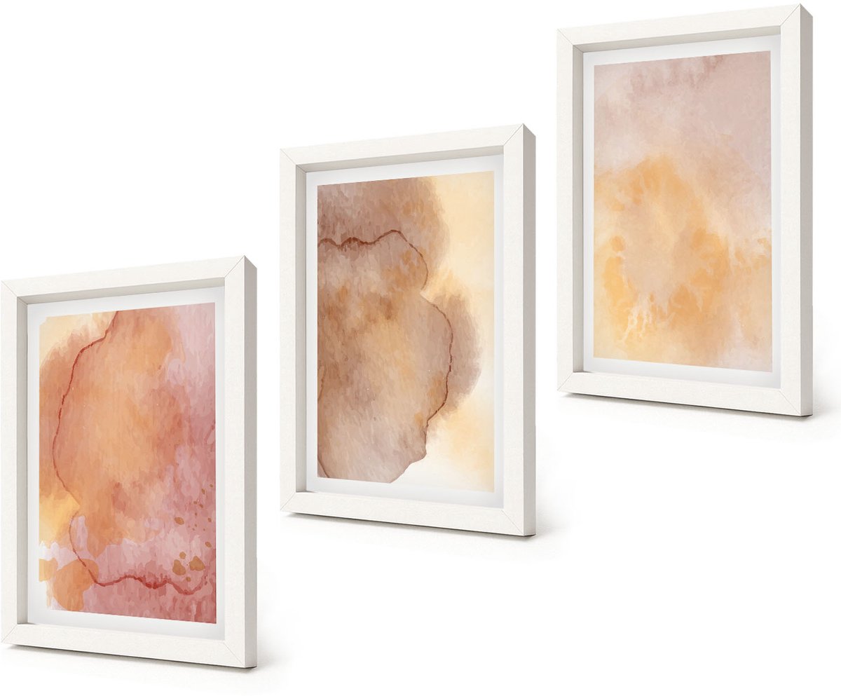 Coloray 3-Delige Schilderij Set - Warme aquarelverf op canvas, kleurrijke texturen - 20x30 - Stijlvolle Wanddecoratie - Interieur - Woonkamer Decoratie