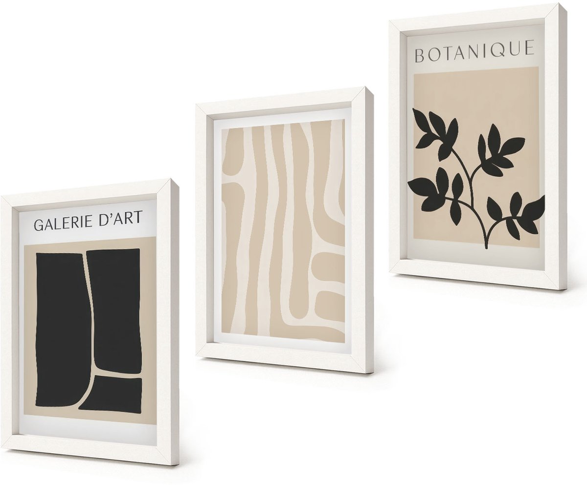 Coloray 3-Delige Schilderij Set - Abstracte vormen en plantmotieven in neutrale tinten. - 20x30 - Muurdecoratie - Wanddecoratie - Hal - Woonkamer Decoratie