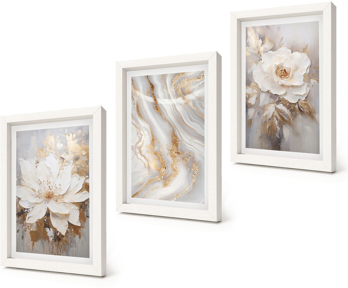 Coloray 3-Delige Schilderij Set - Bloemen en abstract marmerpatroon - 20x30 - Wanddecoratie - Schilderijen Set - Kantoor - Muurdecoratie