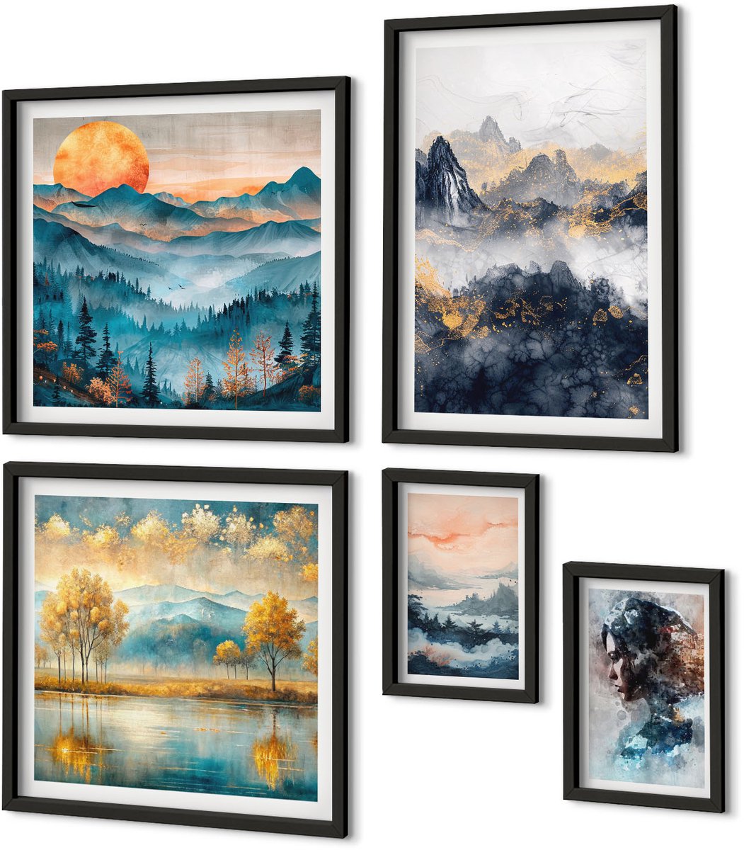 Coloray 5-Delige Schilderij Set - Berglandschappen Met Portretten En Natuurfoto'S - 50 x 50 cm, 20 x 30 cm En 40 x 60 cm - Stijlvolle Wanddecoratie - Interieur