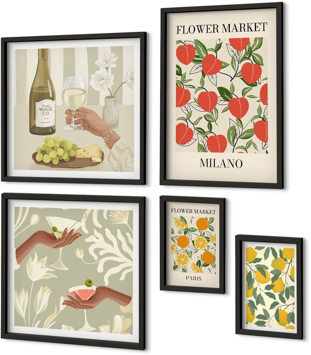 Coloray 5-Delige Schilderij Set - Vintage Fruit- En Bloemenbeurzen Uit Europese Steden - 50 x 50 cm, 20 x 30 cm En 40 x 60 cm - Moderne Wanddecoratie - Slaapkamer - Woonkamer Decoratie