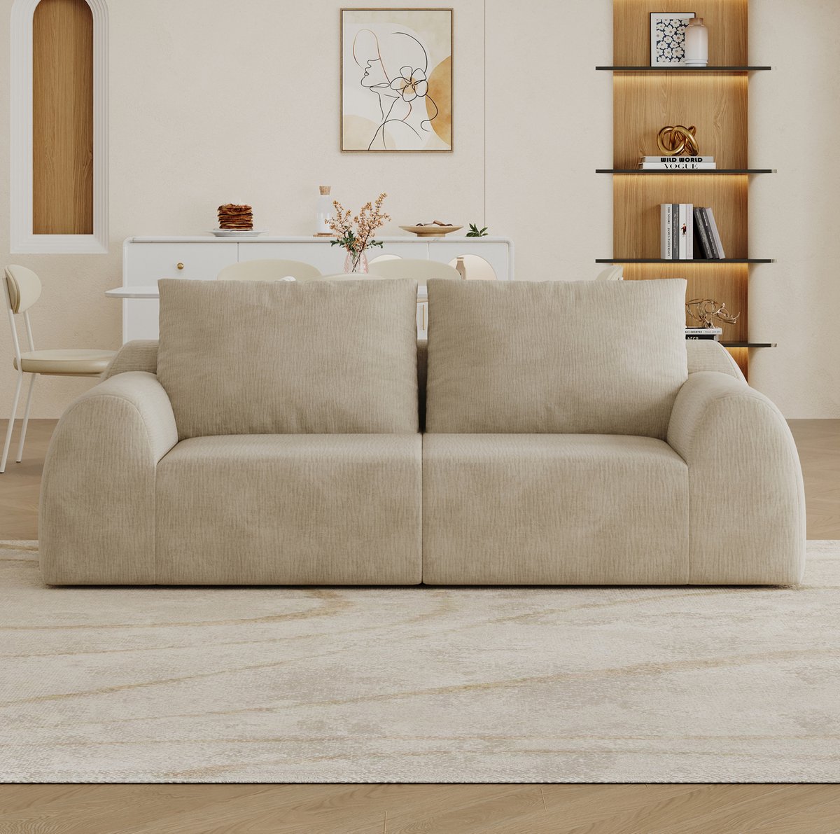Loungebank 190 Cm - 2-Zits Zonder Armleuningen - Boneless Design - Voor Woonkamer, Slaapkamer En Appartement - Chenille Stof - Khaki