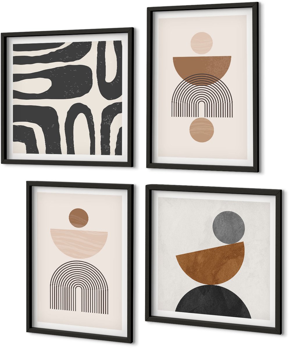 Coloray 4-Delige Schilderij Set - Abstracte Vormen, Modieus Boho-Design - 40 x 40 cm En 40 x 60 cm - Wanddecoratie - Woonkamer Decoratie - Moderne Wanddecoratie Zwarte lijst