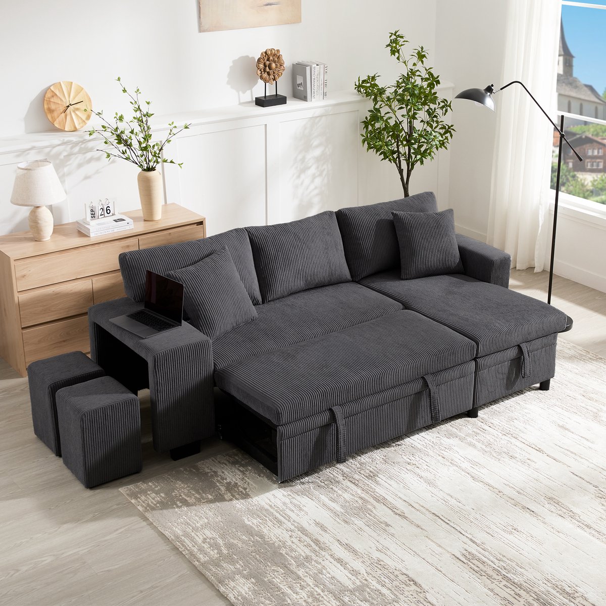 L-vorm slaapbank met USB-poort en opbergvak - 3-persoons bank met slaapfunctie - 231x131.5x84 cm - beige, donkergrijs - corduroy stof - geïntegreerd boekenrek - verborgen opbergruimte