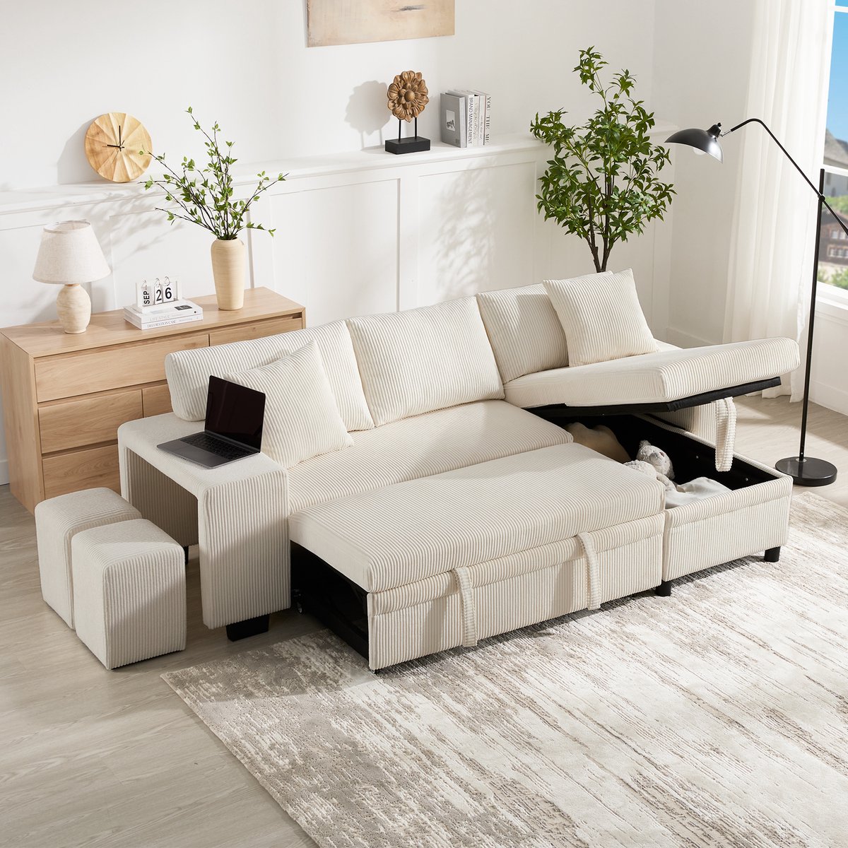 L-vorm slaapbank met USB- en Type-C oplaadpoort - 231x131.5x84 cm - 3-persoons bank met slaapfunctie - beige, donkergrijs - corduroy bekleding - geïntegreerd boekenrek - verborgen opbergruimte