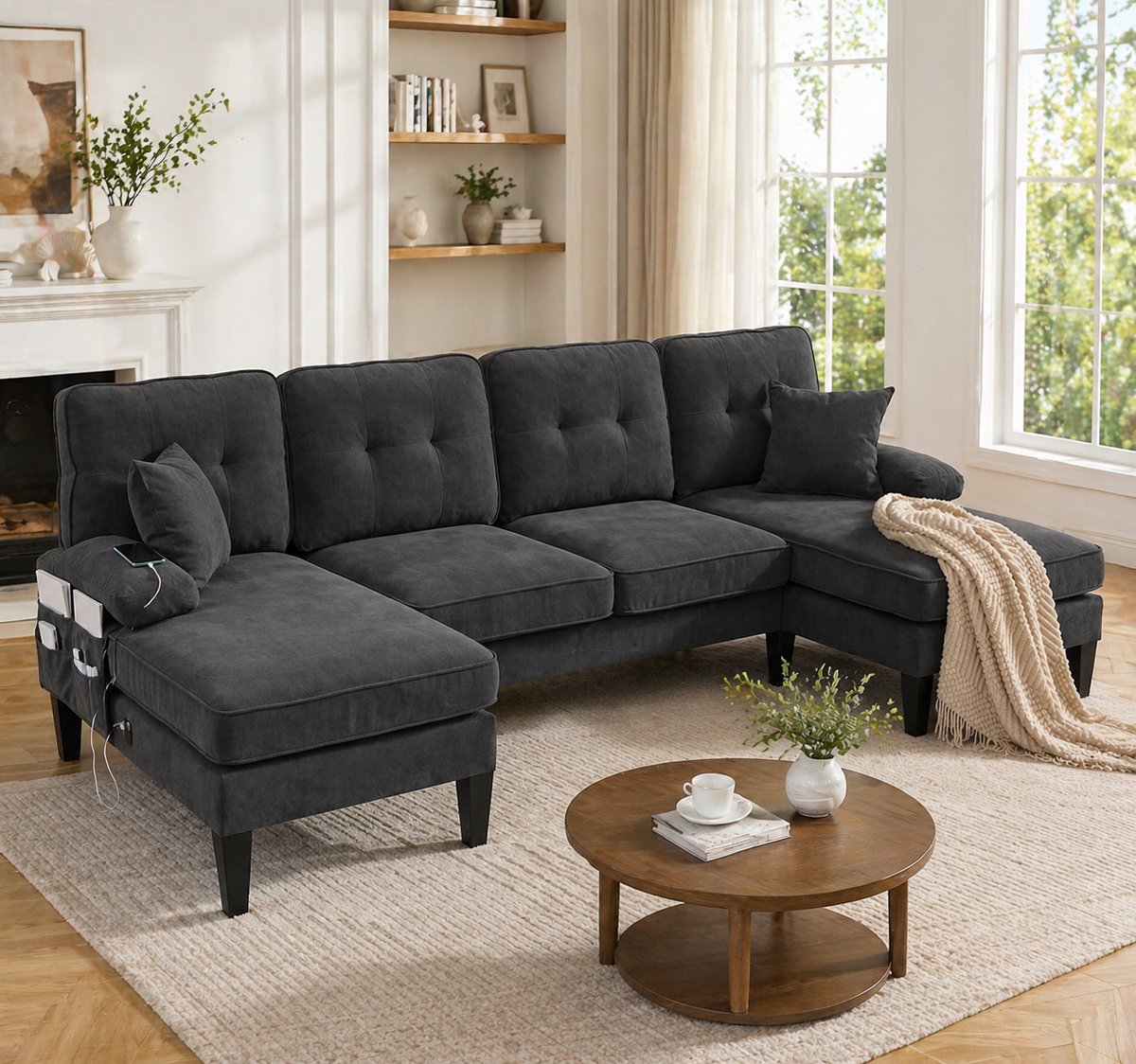 U-vormige 4-zits linnen bank met dubbele chaise longue - Geschikt voor woonkamer en grote gezinnen - 4-5 personen - Donkergrijs - Ademend en zachte linnen bekleding - Stevige poten en decoratieve kussens inbegrepen