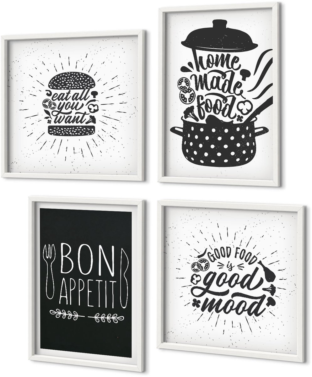 Coloray 4-Delige Schilderij Set - Voedselafbeeldingen En Culinaire Slogans - 40 x 40 En 40 x 60 - Muurdecoratie - Wanddecoratie - Hal - Woonkamer Decoratie