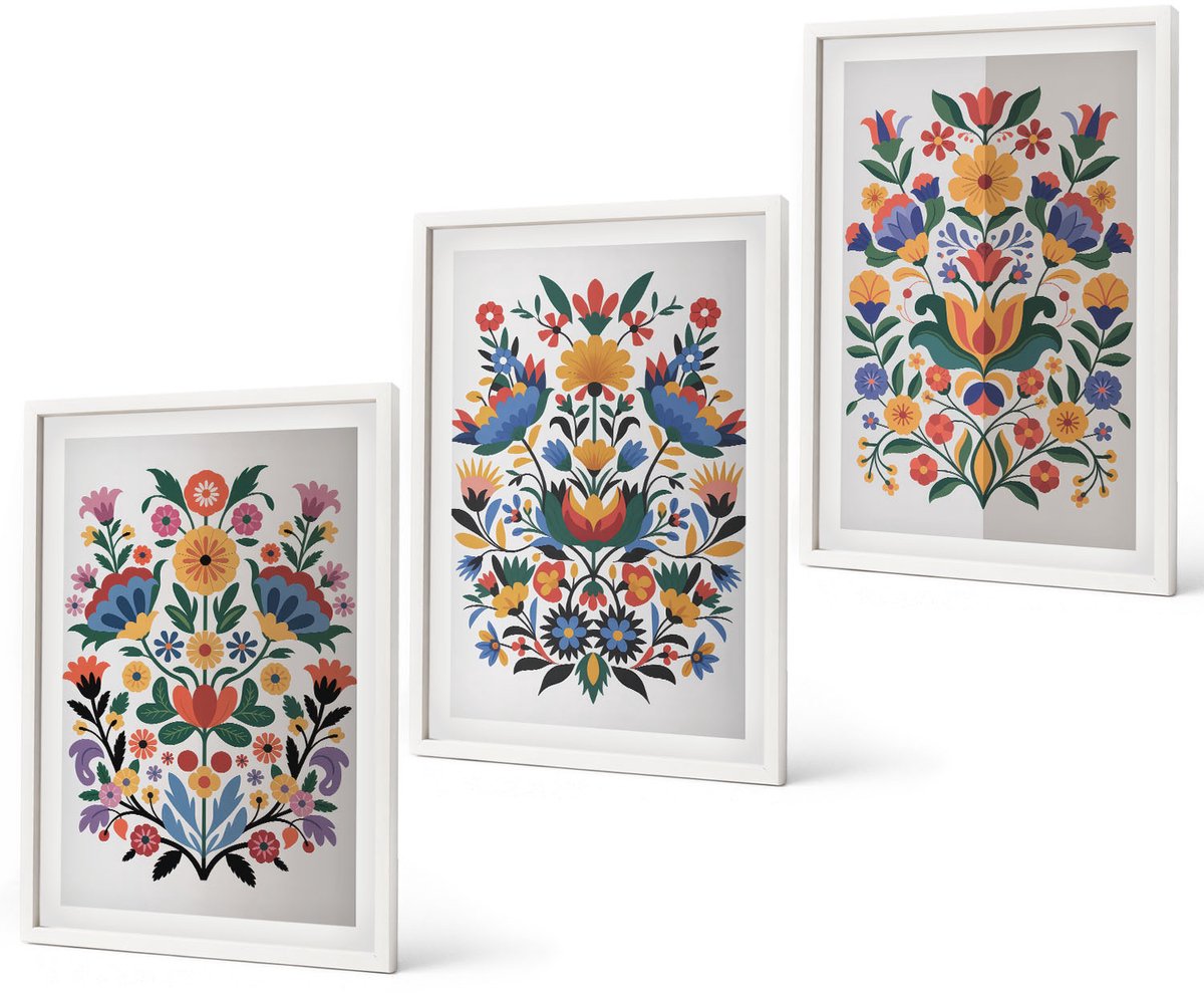 Coloray 3-Delige Schilderij Set - Bloemmotieven In Intense Kleuren Op Een Witte Achtergrond. - 40 x 60 - Muurdecoratie - Interieur Decoratie - Stijlvolle Muurdecoratie Witte lijst