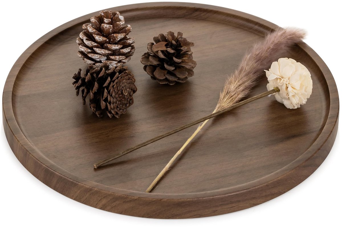 Famanu – Ronde houten decoratieve dienblad in rustieke walnoot, 30 cm, perfect voor salontafel en keuken