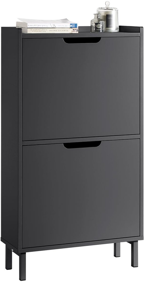 Famanu Schoenenkast met 2 kleppen en 4 legplanken, opbergkast voor de hal, zwart, afmetingen 50 x 90 x 19 cm, ideaal voor het organiseren van schoenen